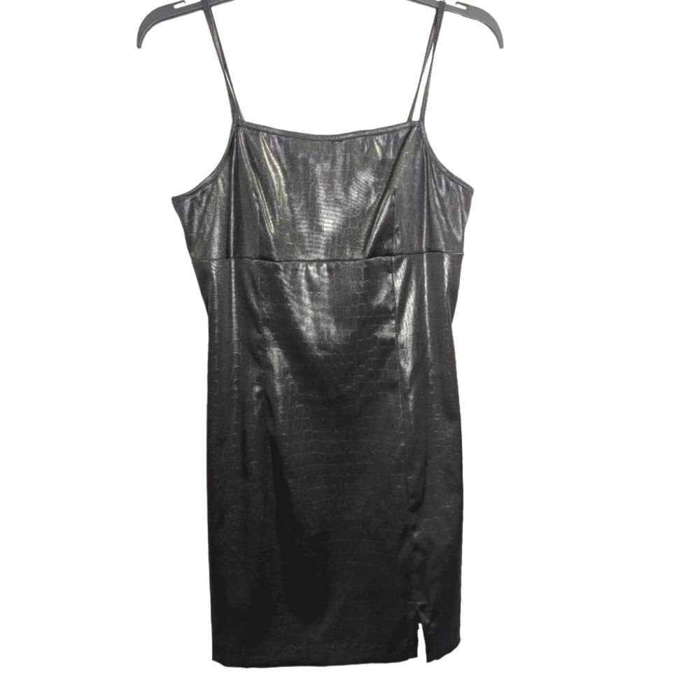 Vintage 90s La Belle black faux croc leather babydoll square neck slip dress 7 - Picture 2 of 7